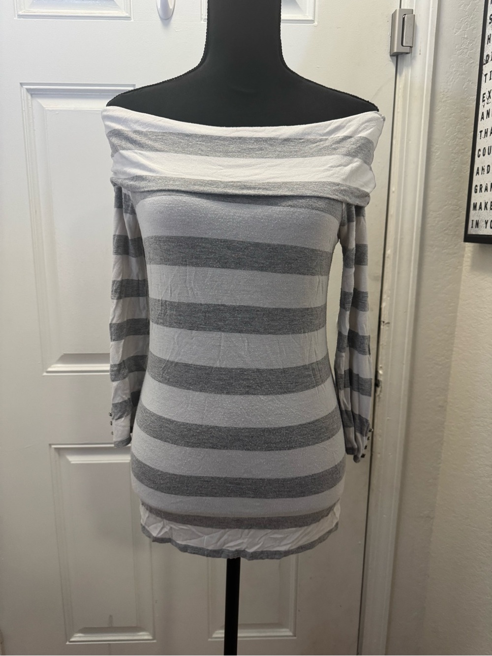 Premise Off-the-Shoulder Gray & White Striped Sweater 0509
